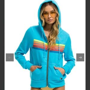 Aviator Nation neon blue neon rainbow stripe hoodie size small NWT
